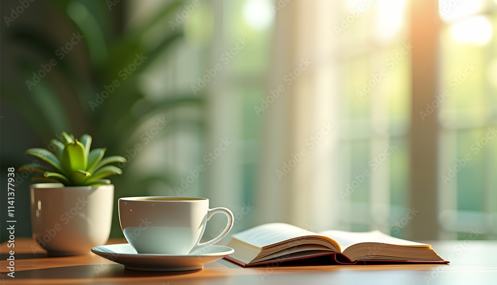 Sunlight streams through the window, illuminating a peaceful scene: a cup of coffee, an open book, and a succulent plant. A perfect morning! Sunlight streams through the window, illuminating a peaceful scene: a cup of coffee, an open book, and a succulent plant. A perfect morning!