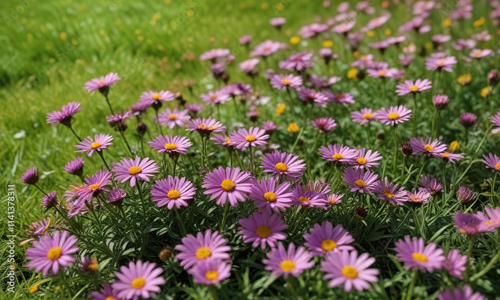Obraz premium Colorful Aster alpinus blooms in a sunny green lawn with flowers , grass, sun, flowers