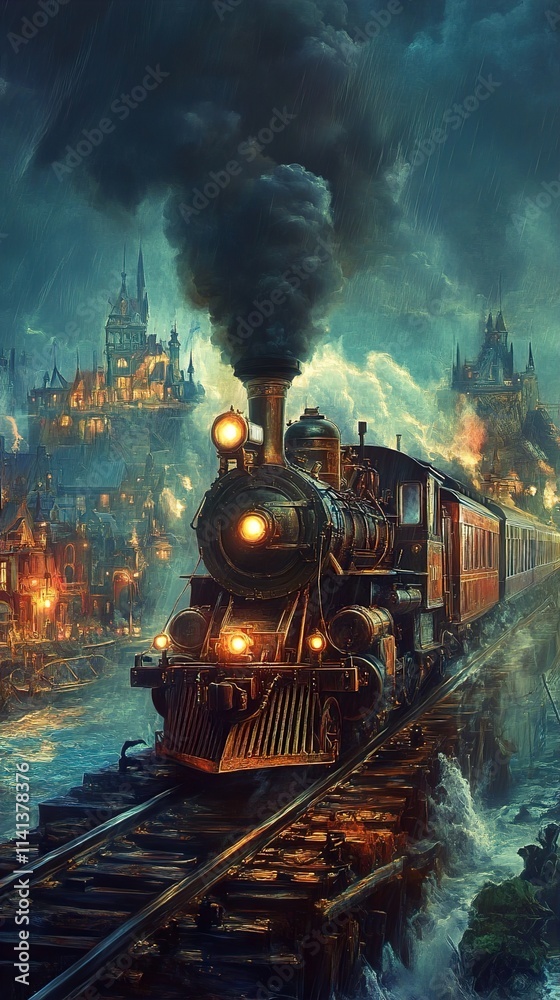 Obraz premium Steam Train Through a Stormy Cityscape