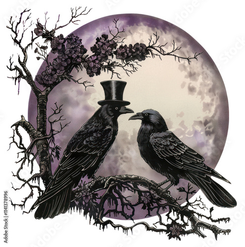 PNG Gothic wedding moon crows illustration purple. photo