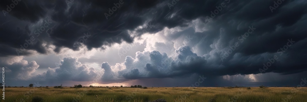 Darkening skies with storm clouds gathered at horizon , thunderstorm, stormy weather, turbulent air Darkening skies with storm clouds gathered at horizon , thunderstorm, stormy weather, turbulent air