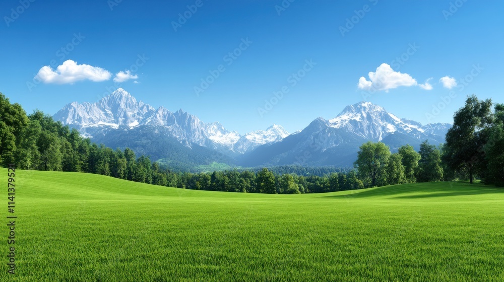 Obraz premium Scenic view of mountains and lush green fields under a clear sky.