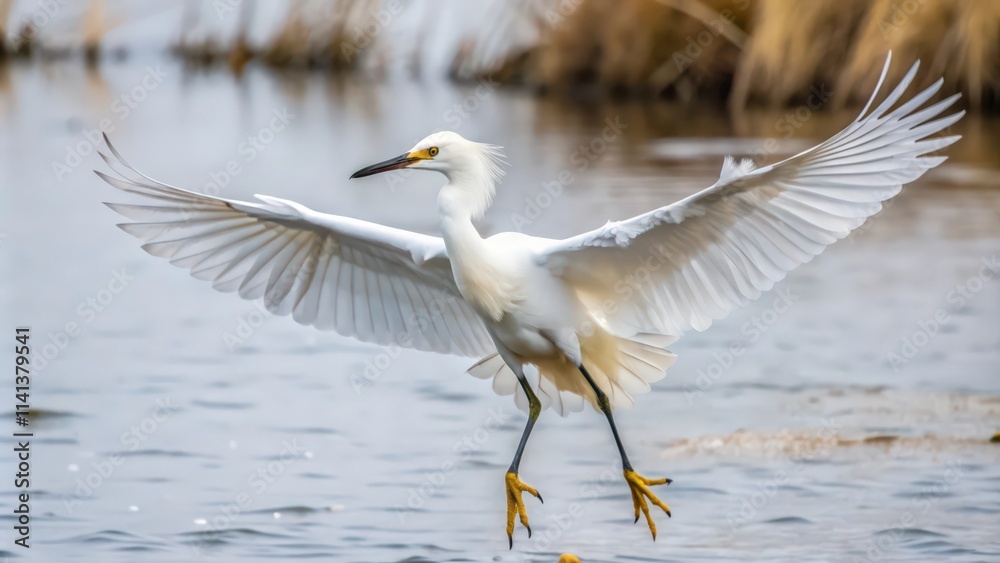 Snowy Egret in Flight Over Water with Wings Spread Snowy Egret in Flight Over Water with Wings Spread