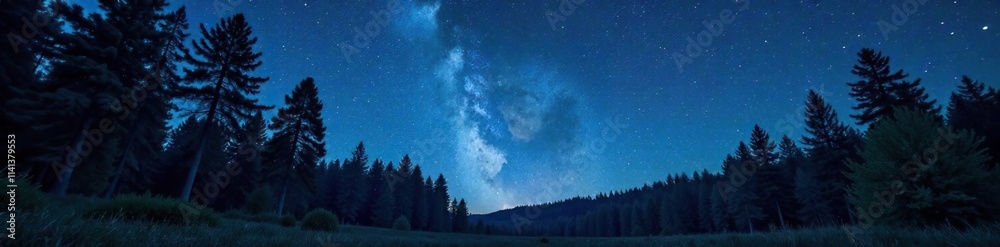 Fototapeta premium Dark forest with towering trees under starry night sky, trees, foliage