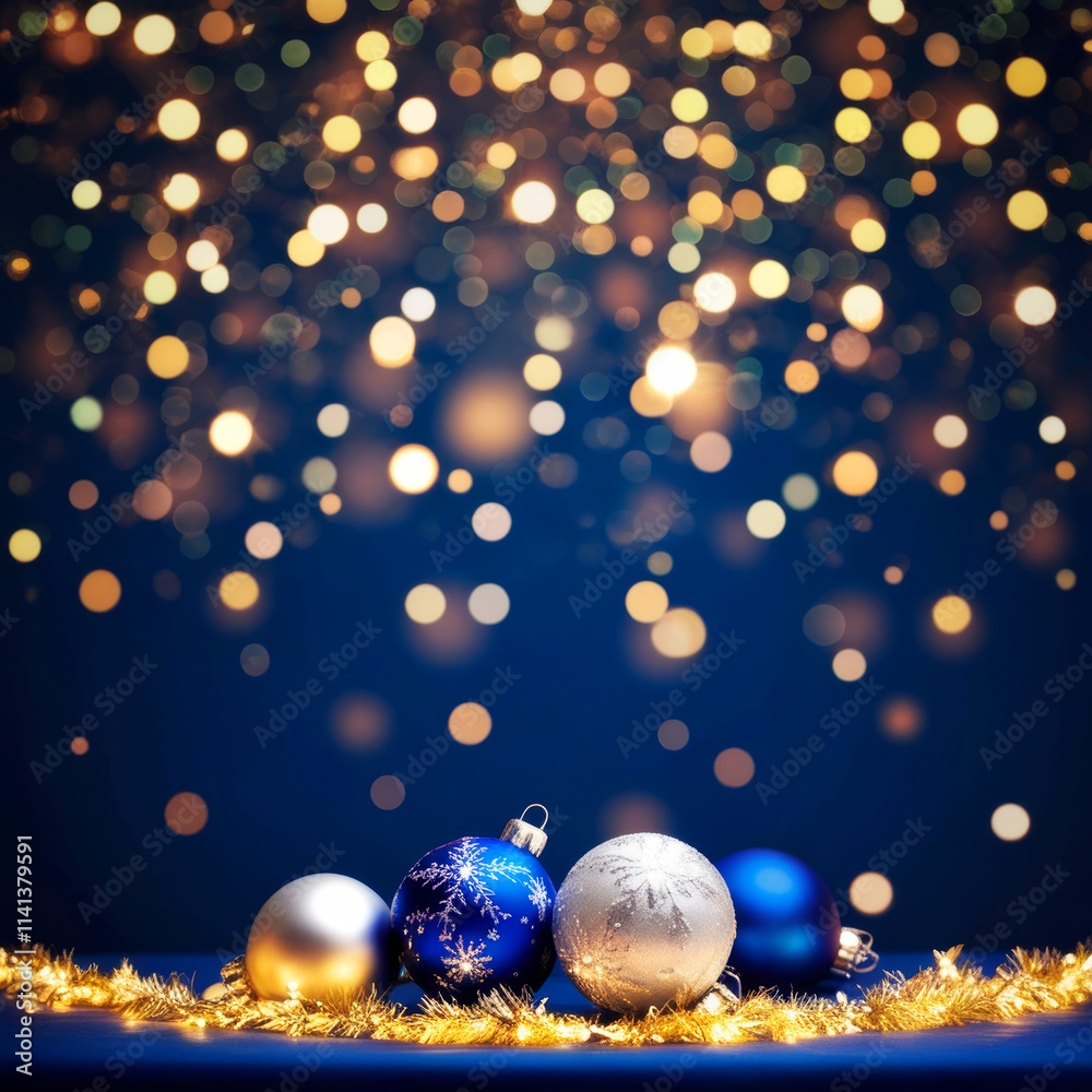 Shimmering blue and silver Christmas balls on a glittery blue background with gold tinsel and blurred bokeh lights Shimmering blue and silver Christmas balls on a glittery blue background with gold tinsel and blurred bokeh lights