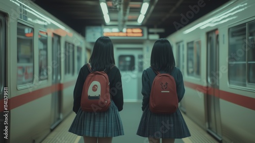 Two school girls in skirts and backpacks standing at a subway station, creating a nostalgic scene. photo