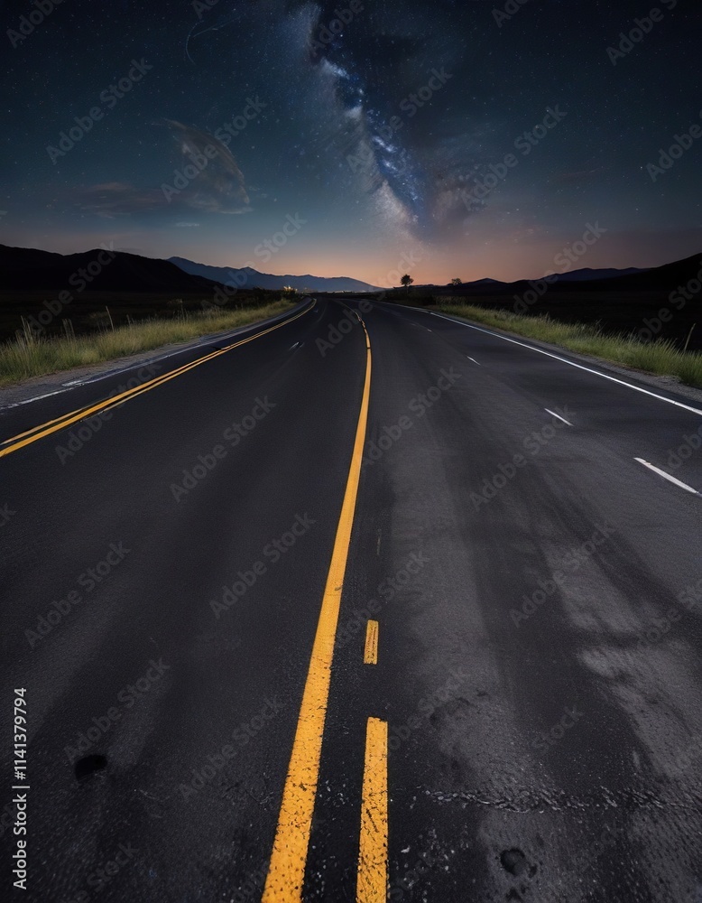 Fototapeta premium Dark stretch of asphalt highway under starry sky at night, highway, starry, road