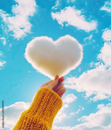Hand holding heart-shaped cloud against blue sky, A person wearing a yellow sweater holds a fluffy, heart-shaped cloud against a bright blue sky with scattered clouds, symbolizing love and joy.
