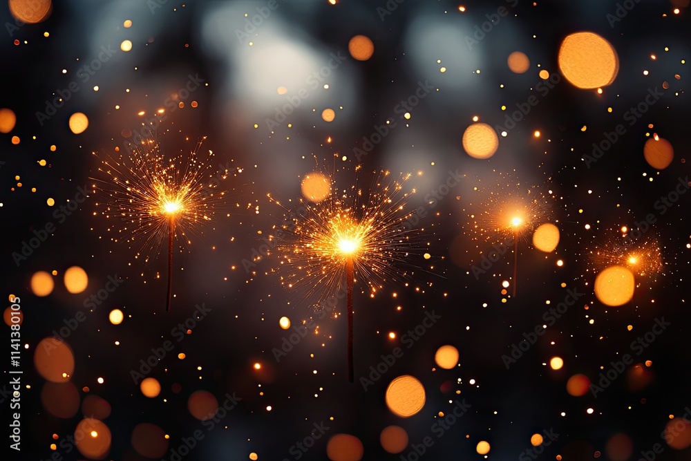 Obraz premium Sparklers glowing with golden bokeh lights at night, Three sparklers burning brightly with glowing sparks and golden bokeh lights in a dark, festive background, creating a magical atmosphere. 