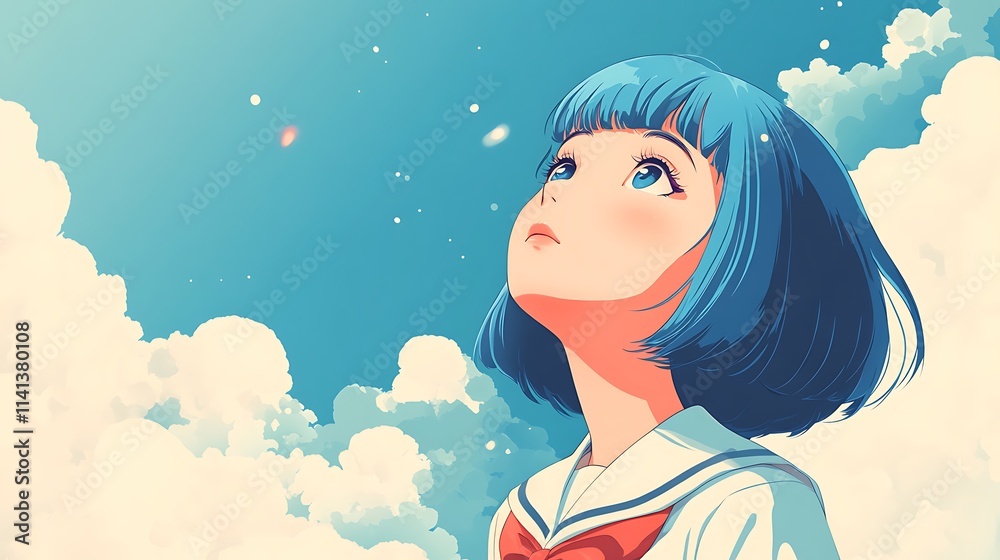 A cute anime Japanese girl with blue hair and a bob cut, looking up at the sky, wearing a school uniform, A cute anime Japanese girl with blue hair and a bob cut, looking up at the sky, wearing a school uniform,