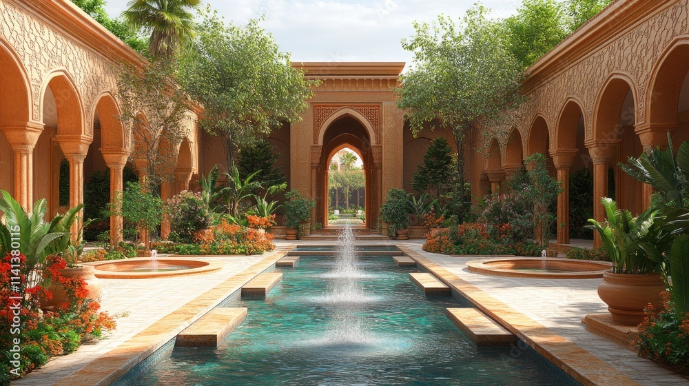 Fototapeta premium Serene courtyard with fountain, arches, and lush plants.