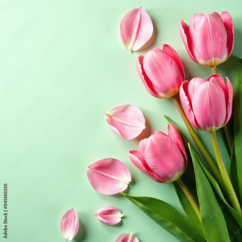 Delicate pink tulip petals scattered on a soft pastel green background, nature scenery, garden flowers, floral arrangement Delicate pink tulip petals scattered on a soft pastel green background, nature scenery, garden flowers, floral arrangement