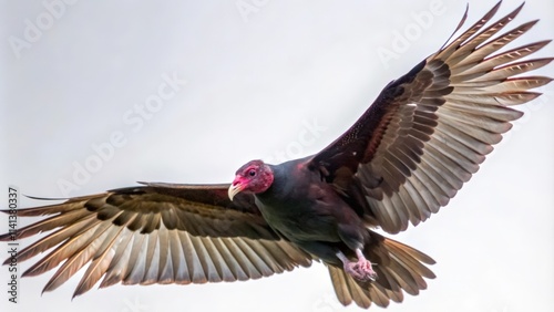 Turkey Vulture in Flight with Spread Wings Against a White Sky