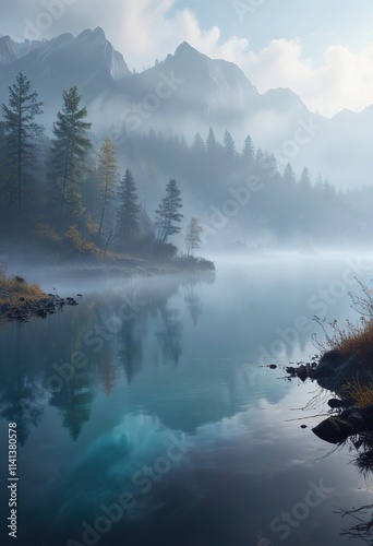 Dense fog with blue smoke on a misty lake landscape, dense fog, photo