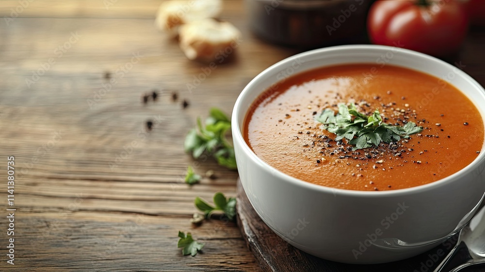 Creamy tomato soup in bowl on wooden table. Creamy tomato soup in bowl on wooden table.