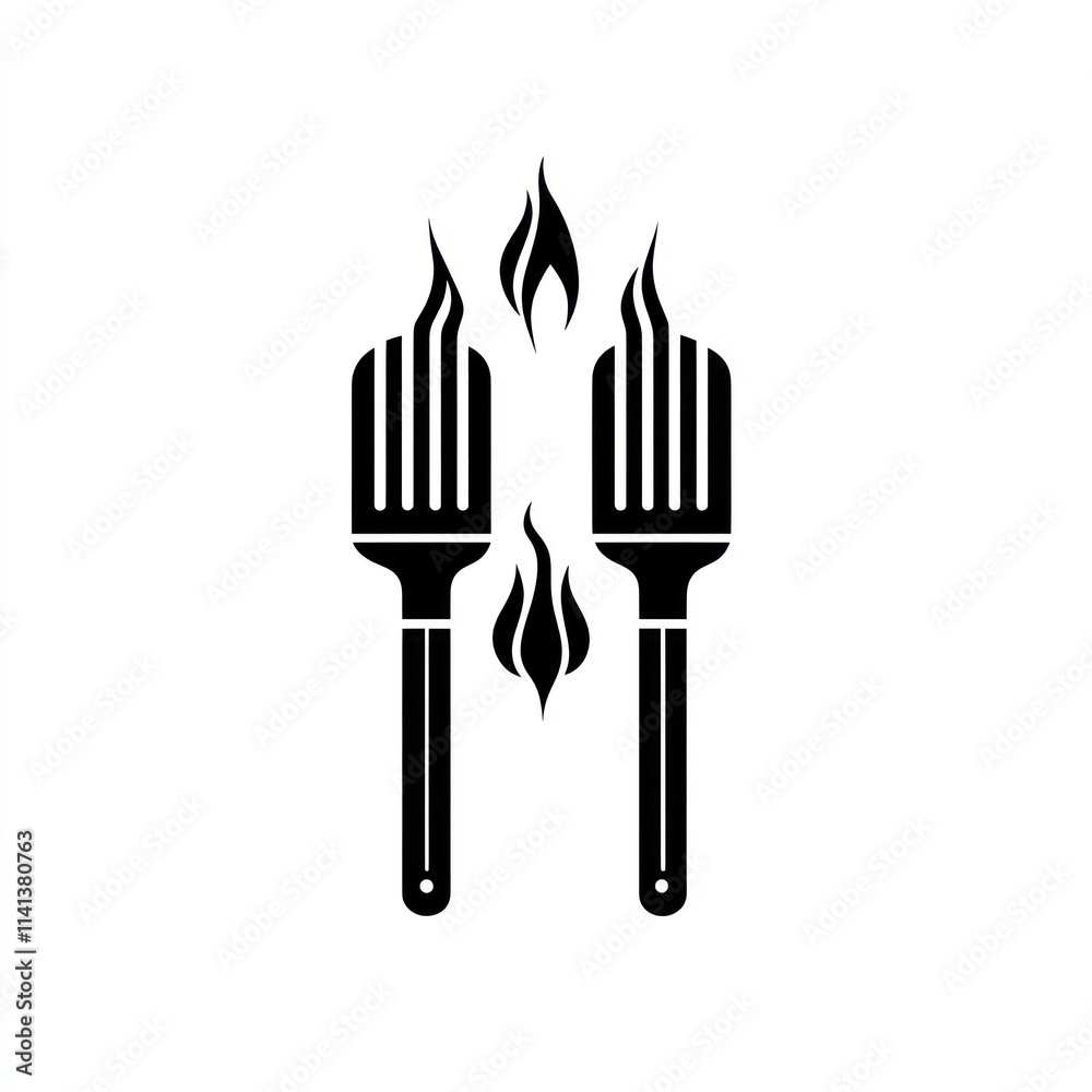 Two spatulas with flames, symbolizing cooking or grilling. Two spatulas with flames, symbolizing cooking or grilling.