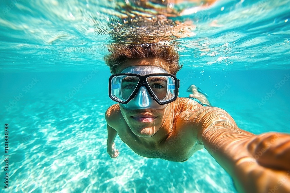 Fototapeta premium Underwater selfie of a young man wearing a diving mask in turquoise water. Perfect for travel, summer, and adventure themes.