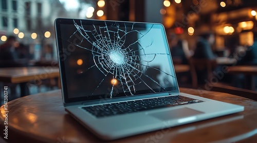 A broken laptop screen is shown on the table in a cafe. The display of an open MacBook has cracked glass and is visible, 