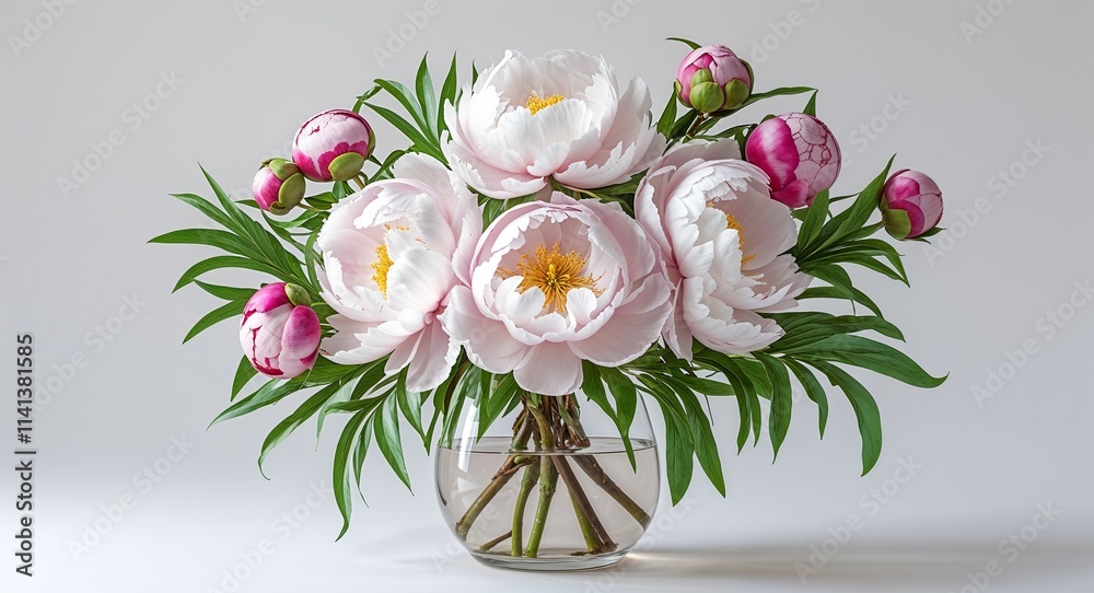 Peony flower arrangement design on plain white background Peony flower arrangement design on plain white background