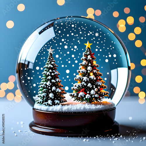 Christmas Snow Globe In Eve Night - Wish Concept With Blue Abstract Defocused Background