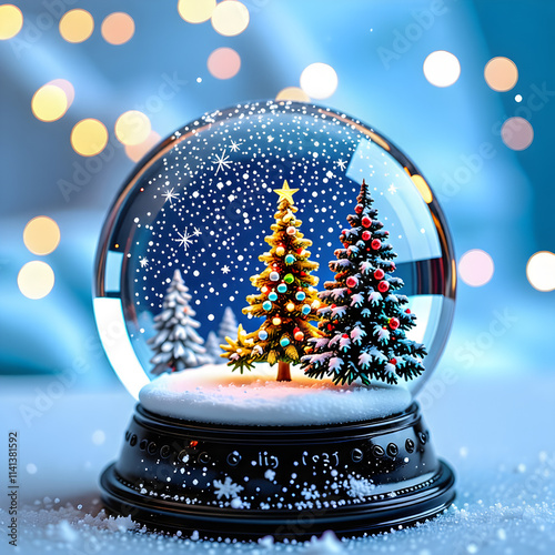 Christmas Snow Globe In Eve Night - Wish Concept With Blue Abstract Defocused Background