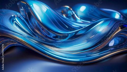 Fluid shape abstract background and blue metallic reflections.Generative AI