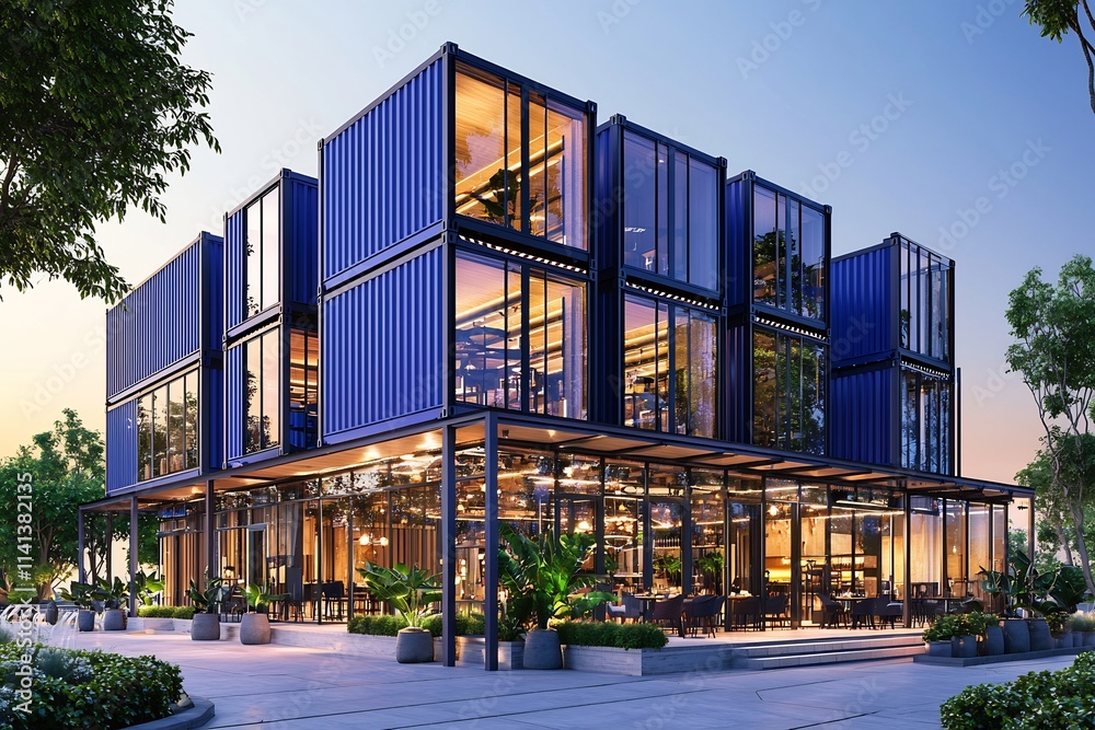 Modern Modular Eco Friendly Mixed Use Commercial Building with Outdoor Terrace and Stylish Lighting at Sunset Modern Modular Eco Friendly Mixed Use Commercial Building with Outdoor Terrace and Stylish Lighting at Sunset