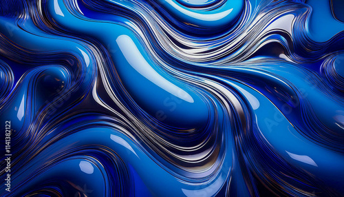 Fluid shape abstract background and blue metallic reflections.Generative AI