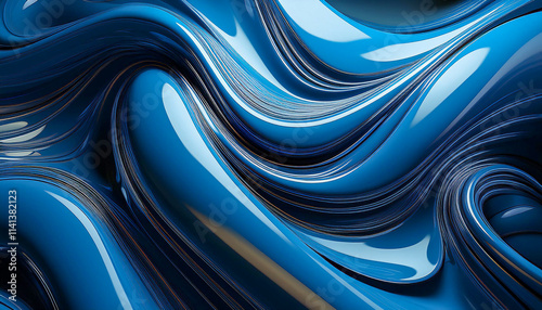 Fluid shape abstract background and blue metallic reflections.Generative AI