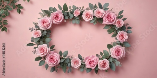 Floral wreath with pink roses and eucalyptus leaves on a soft pink background , wreath, floral arrangement, daily decoration photo