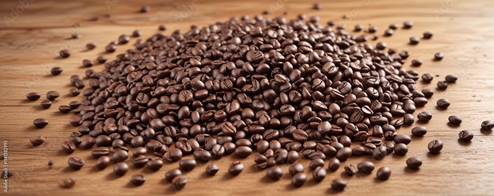 Fragrant coffee beans scattered on a wooden table, organic, aromatic Fragrant coffee beans scattered on a wooden table, organic, aromatic