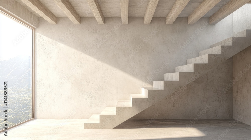 Empty room with concrete stairs, beams, and window. Empty room with concrete stairs, beams, and window.