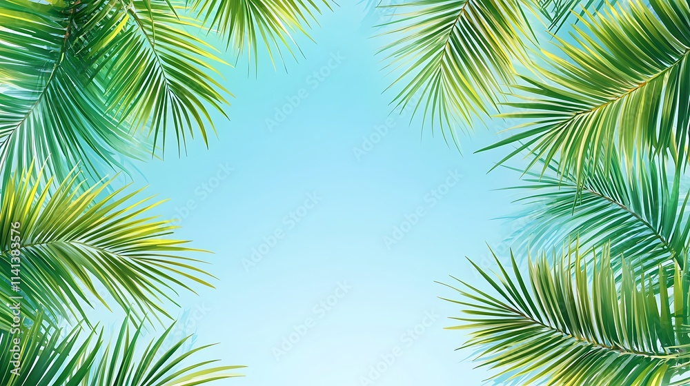 Fototapeta premium Lush Green Palm Fronds Frame Azure Sky