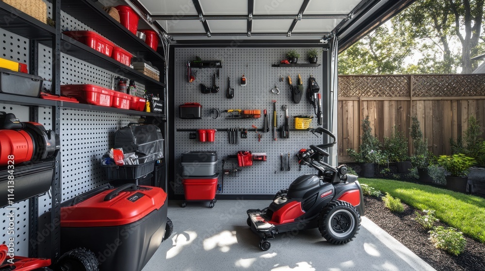 Tools in an organized garage with lawnmower and storage bins. Tools in an organized garage with lawnmower and storage bins.