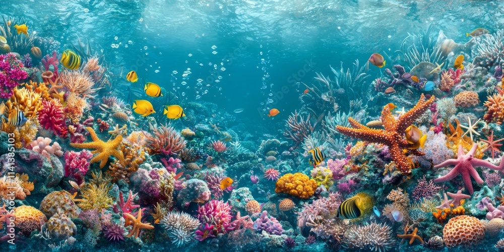 Vibrant Coral Reef Ecosystem with Tropical Fish and Starfish Vibrant Coral Reef Ecosystem with Tropical Fish and Starfish
