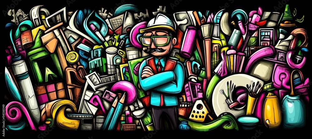Obraz premium Engineer in art supplies doodle with bright colors.