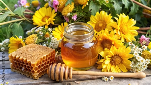 Honey Jar with Wooden Dipper, Honeycomb, and Sunflowers