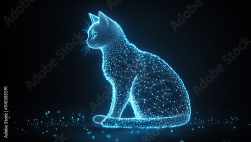 Glowing cat silhouette made of blue dots and lines, dark background.