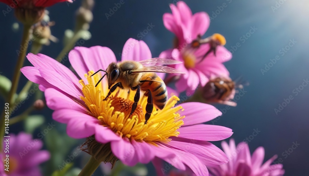 Honey bee sipping nectar from a colorful flower, summer, honey, flowers
