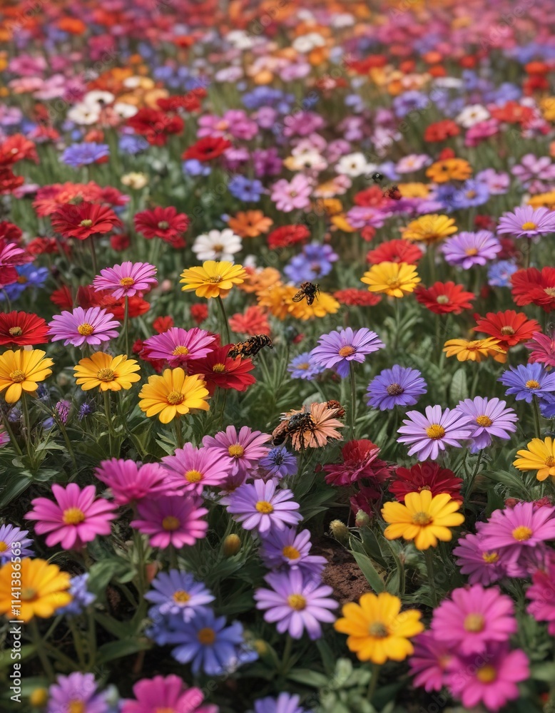 Insect collecting pollen from a field of colorful flowers, tree, bees, stem Insect collecting pollen from a field of colorful flowers, tree, bees, stem