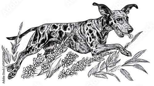 Wallpaper Mural Spotted dog running through tall grass, sketched in black and white. Torontodigital.ca