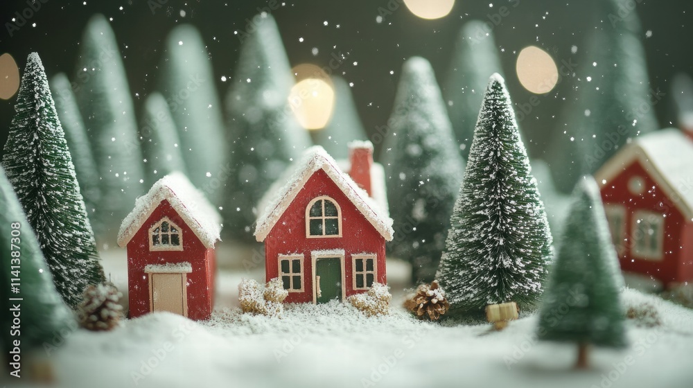 Christmas Village Scene with Miniature Houses and Trees Winter Wonderland Soft Background Blur Festive Atmosphere Cozy View Christmas Village Scene with Miniature Houses and Trees Winter Wonderland Soft Background Blur Festive Atmosphere Cozy View