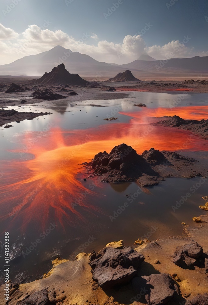 Lava flows and volcanic ash in the air with a sulfur lake in the background of Danakil Depression , volcanic ash, geothermal activity, Danakil Depression Lava flows and volcanic ash in the air with a sulfur lake in the background of Danakil Depression , volcanic ash, geothermal activity, Danakil Depression