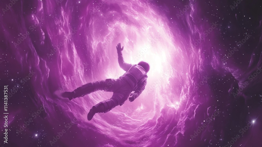 Astronaut floats into purple cosmic vortex, space exploration, stardust, deep. Astronaut floats into purple cosmic vortex, space exploration, stardust, deep.