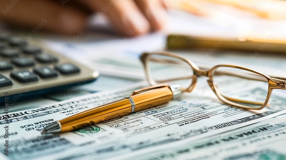 A clean and well organized workspace of a tax consultant reviewing financial documents and submitting forms online providing ample copy space for additional content A clean and well organized workspace of a tax consultant reviewing financial documents and submitting forms online providing ample copy space for additional content