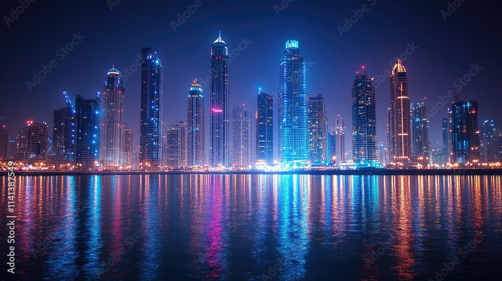 Fototapeta premium Vibrant cityscape skyline reflected in calm water at night.