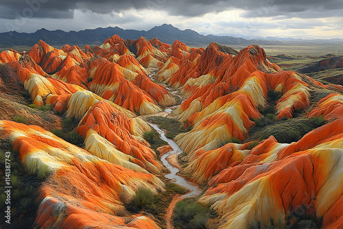 Colorful Zhangye Danxia Landform, China Aerial view of vibrant, striped mountains and winding river under dramatic sky, ideal for travel brochures.
