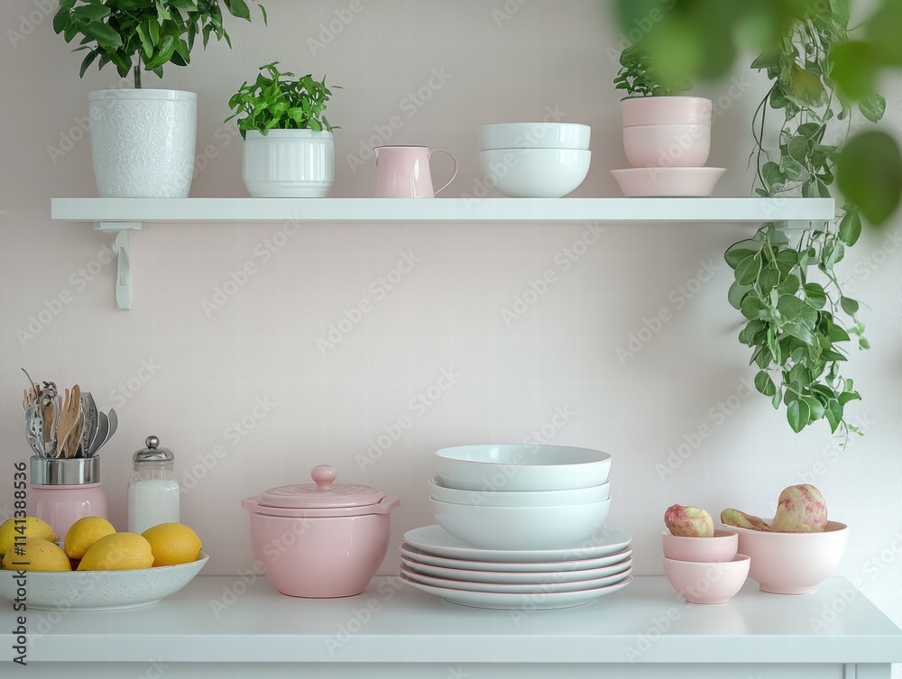 Modern Lifestyle Scene with White Table and Pink Accessories Cozy Kitchen Stylish Decor Bright Environment Aesthetic Viewpoint Modern Lifestyle Scene with White Table and Pink Accessories Cozy Kitchen Stylish Decor Bright Environment Aesthetic Viewpoint
