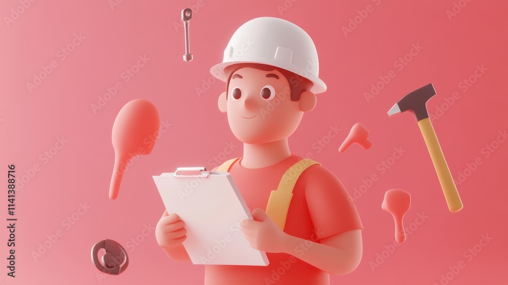 Cartoon builder checking documents with tools. Cartoon builder checking documents with tools.