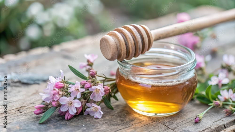 Jar of Honey with Wooden Dipper and Pink Blossoms on a Wooden Table